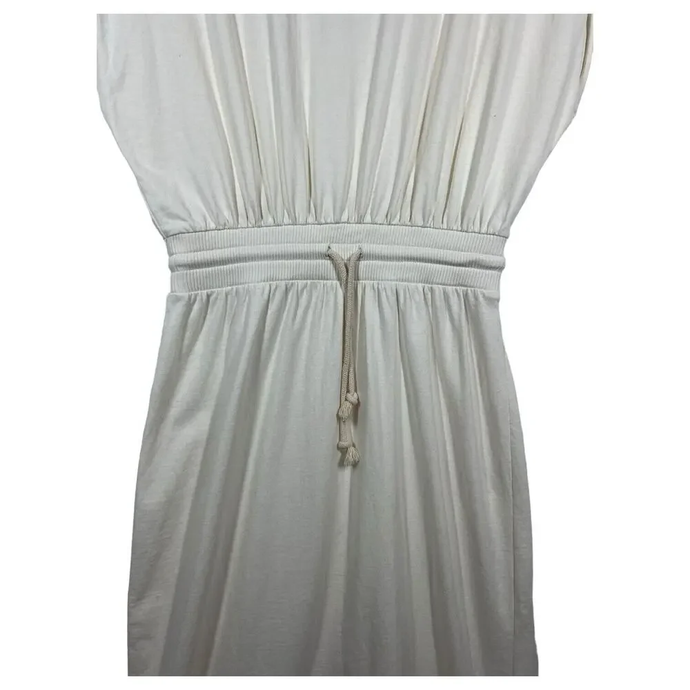 New Zara Dress Womens M Extended Shoulder Midi Tank Cinched Drawcord Waist Ivory - Picture 7 of 16